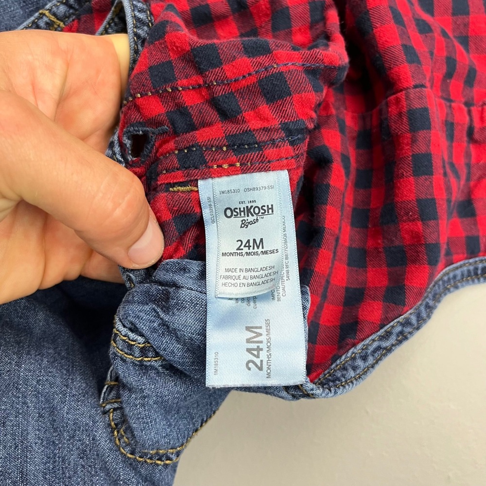 OshKosh B'gosh Denim Overalls Kids 24M Blue Flannel Lined Plaid 1M185310 - Picture 3 of 13